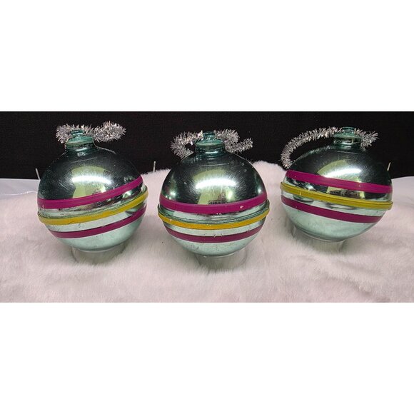 Vintage Mid Century Atomic Bradford Striped Plastic Christmas Ornament Lot of 3 - Picture 2 of 5